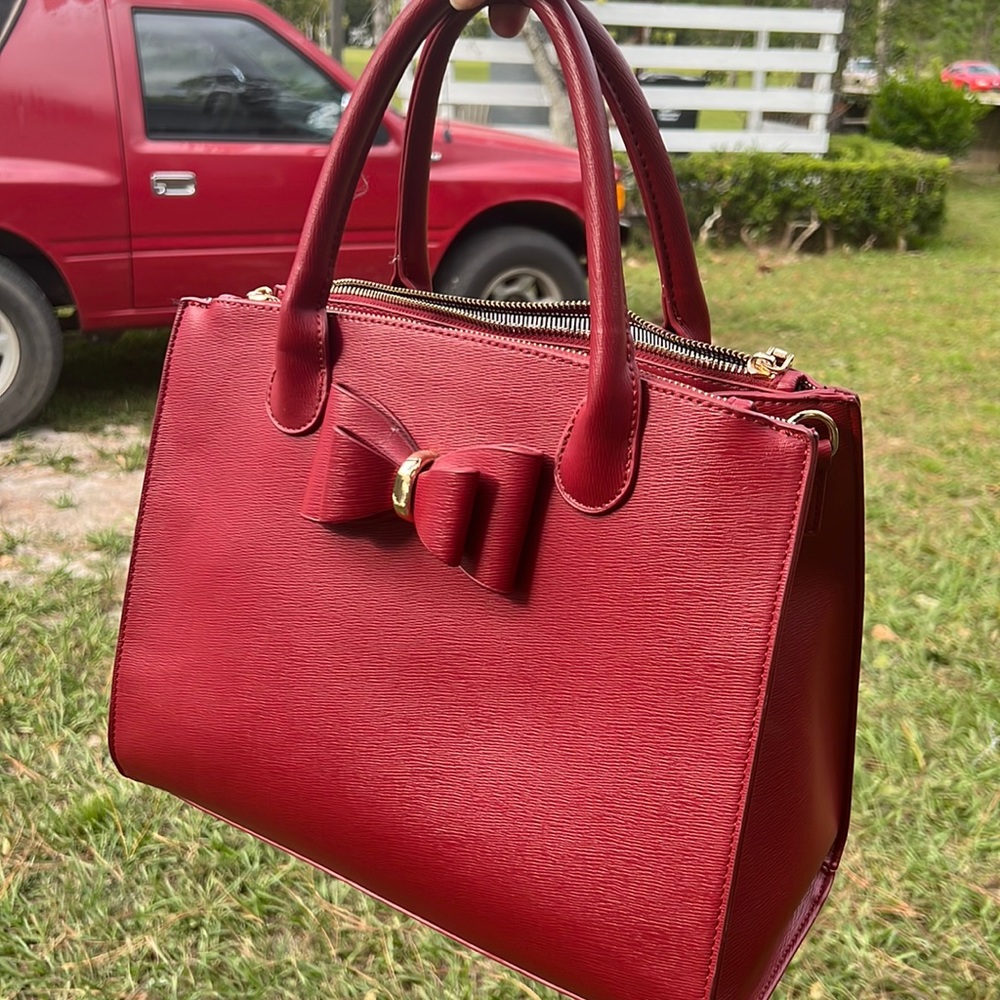 Miztique Red Satchel Bag with Bow and Metal Accents